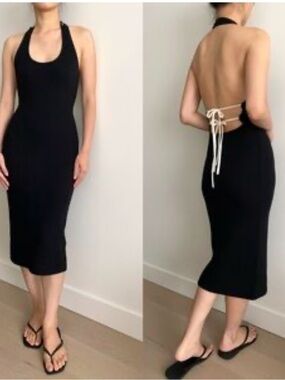 Aritzia-Wilfred Black Backless Ribbed Midi Dress with Contrast Ties